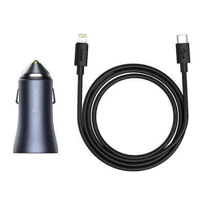 شارژر فندکی فست شارژ 40 وات همراه با کابل تایپ سی به لایتنینگ 20 وات بیسوس Baseus Golden Contactor Pro fast car charger Type C, USB 40w with Type C to Lightning cable TZCCJD-B0G